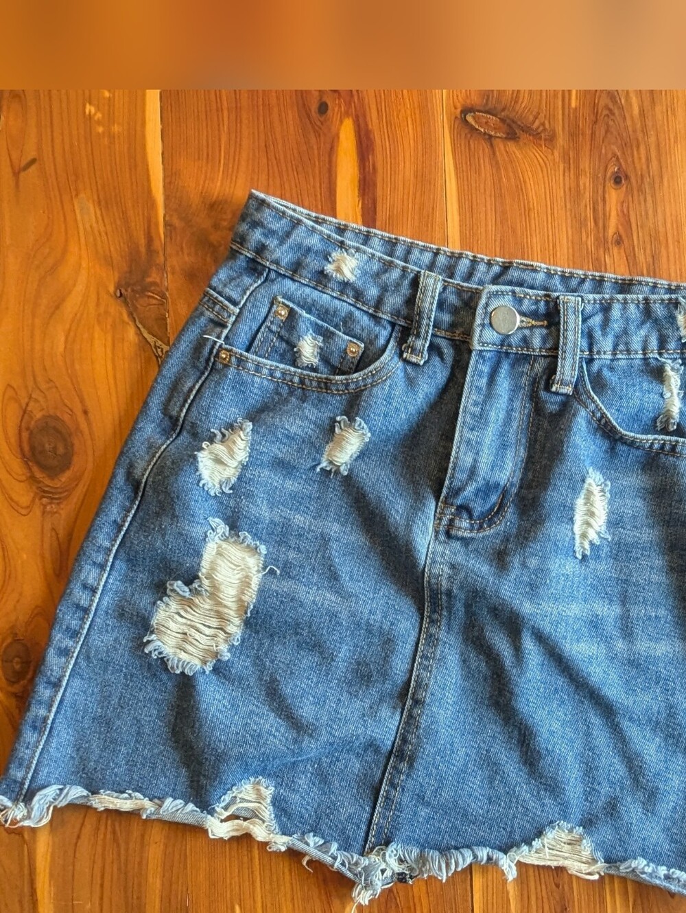 Distressed Blue Denim Mini Skirt - Casual Everyday Style